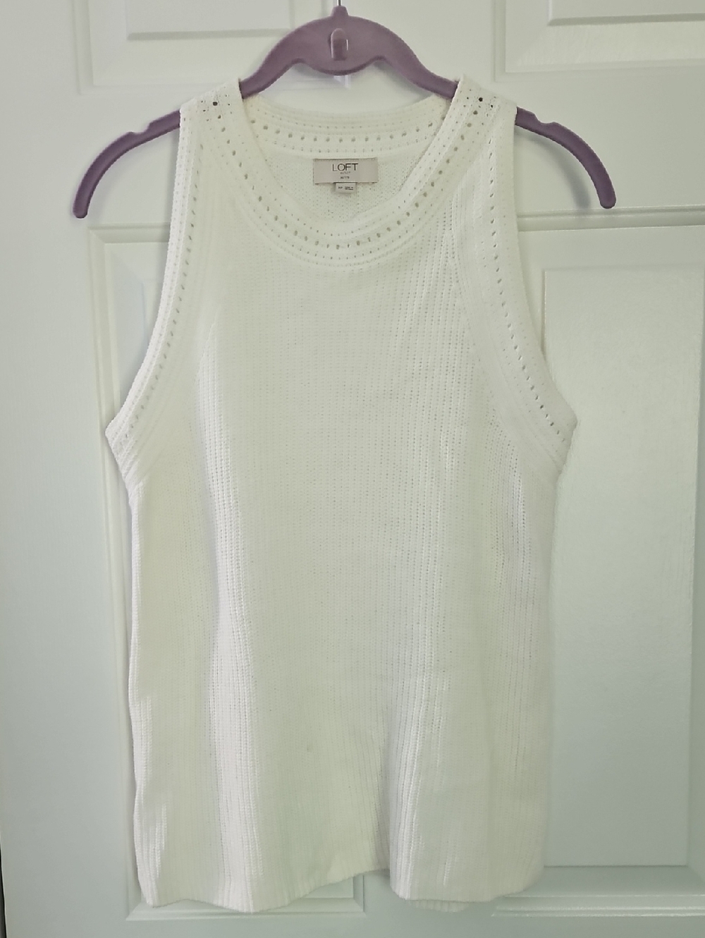LOFT Cream Knit Sleeveless Shell with Eyelet Detail